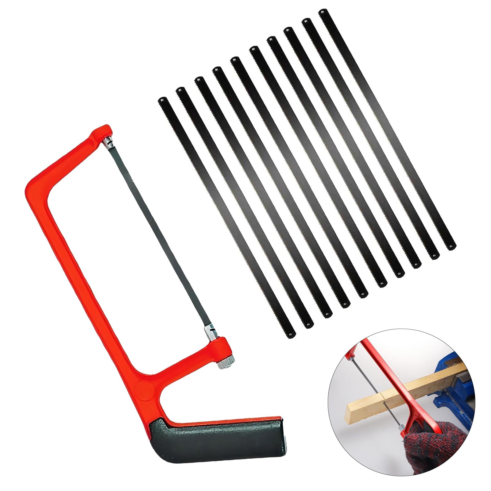 Red Adjustable Junior Hacksaw with 10 Blades, Heavy Duty Metal Saw for Cutting PVC, Wood, and Shingles, Mini Hand Saw for Precise Cuts, Ideal for DIY Projects, Hacksaw for Metal Cutting