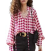 Silk Blouse for Women 100% Pure Silk Elegant Shirts: Long Sleeve Luxury Vintage Button-Down Shirt - Women’s V-Neck Cool Smooth Blouses Casual Loose Fit Summer Autumn Ladies Tops,Pink White Checked,S