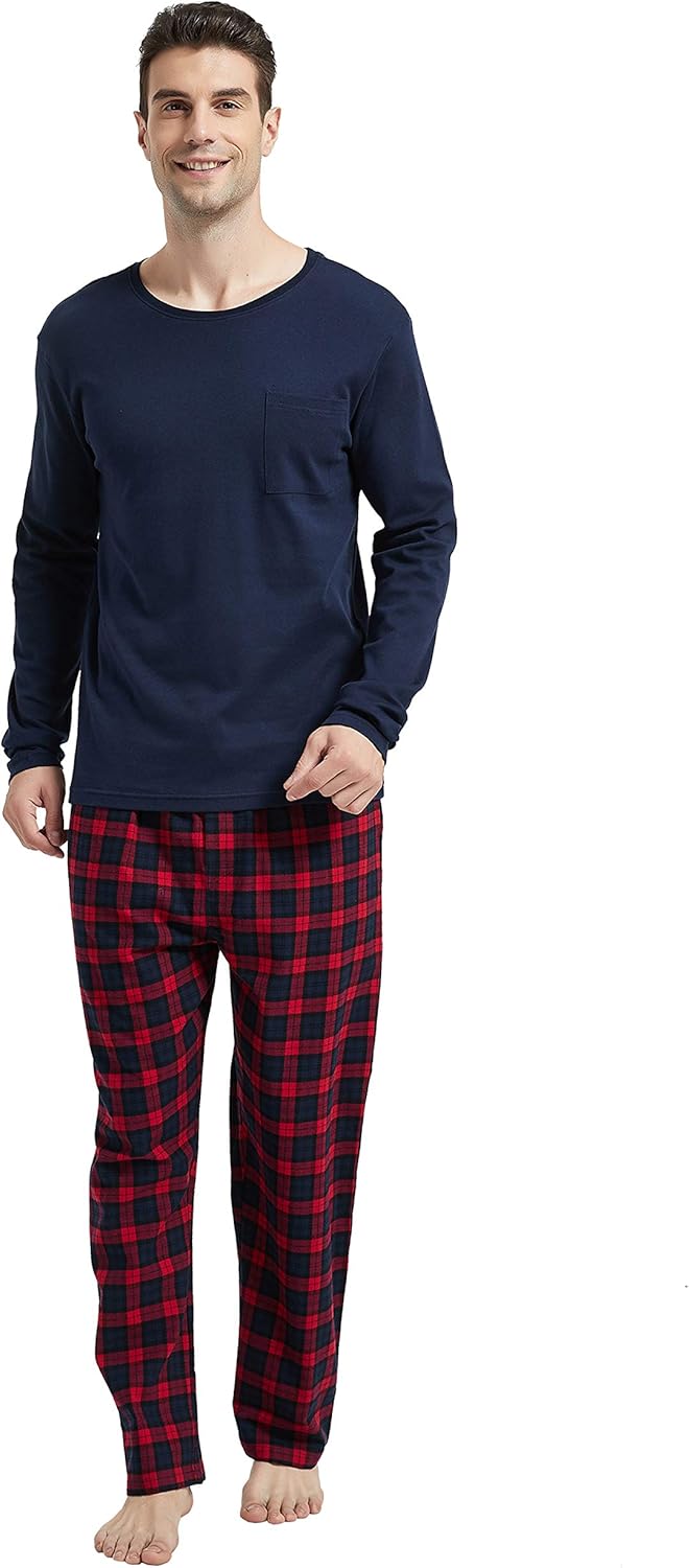 Amaxer Men's 100% Cotton Pajama Set Plaid Pants Crewneck Top Long Sleeve Pjs Soft Warm Lounge Set 2 Pcs Great Gift at  Men’s Clothing store