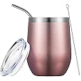 COMOOO 12oz Wine Tumbler with Lid and Straw, Insulated Wine Tumbler Cup, Stainless Steel Wine Glass Tumbler Stemless for Hot and Cold Drinks,Champagne,Cocktails, For Women, Rose gold