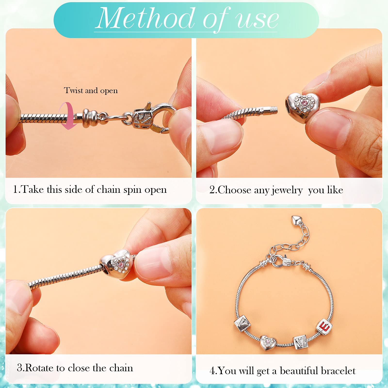 Hicarer 27 Pieces Snake Charm Bracelet Chain Adjustable Charm Bracelet Chain with Heart Shape Extender Copper DIY for Women Jewelry Making(7.9 Inch,Silver)