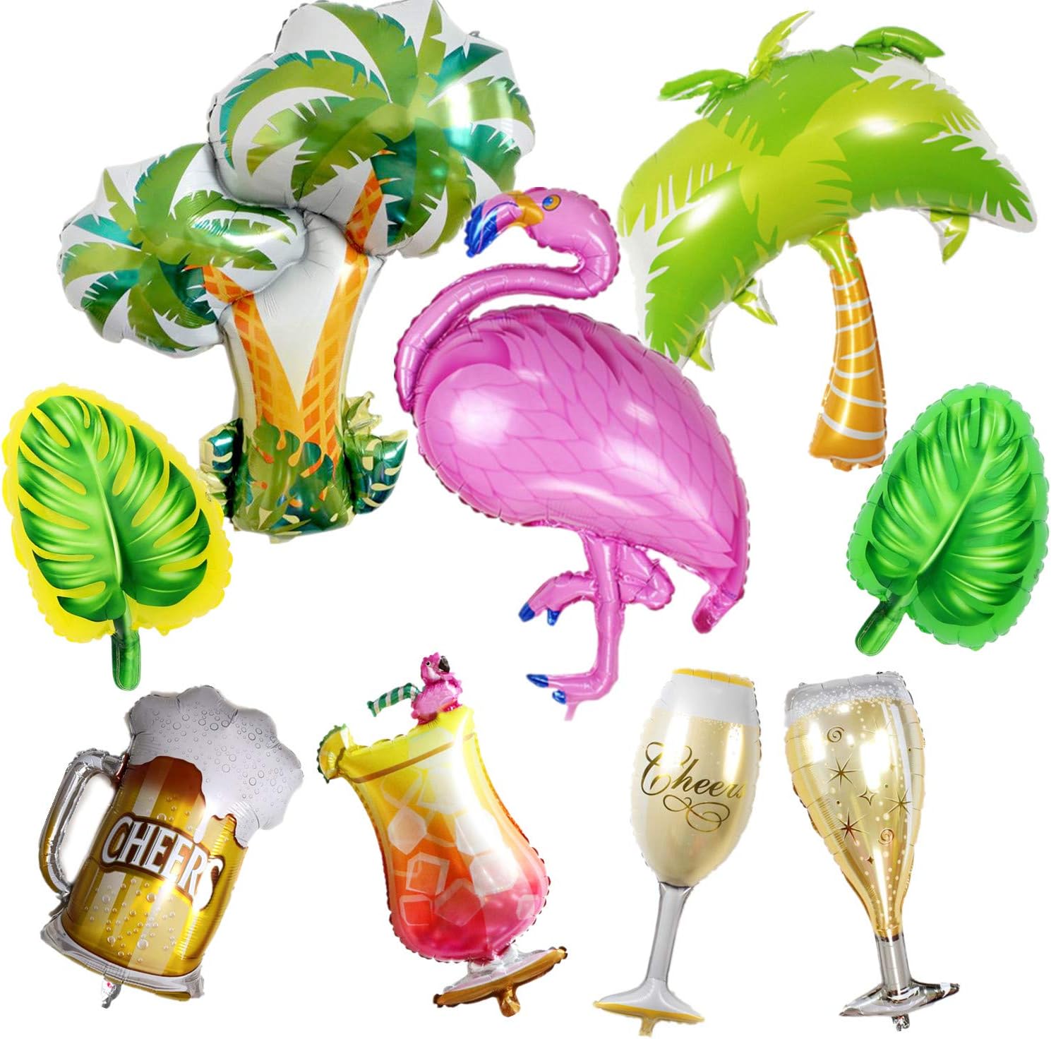 9pcs Hawaii Balloons for Party Decoration,Large Flamingo Palm Tree Coconut Tree Beer Bottle Champagne Cup Foil Balloons for Birthday Valentines Wedding Summer Luau Hen Party Accessories