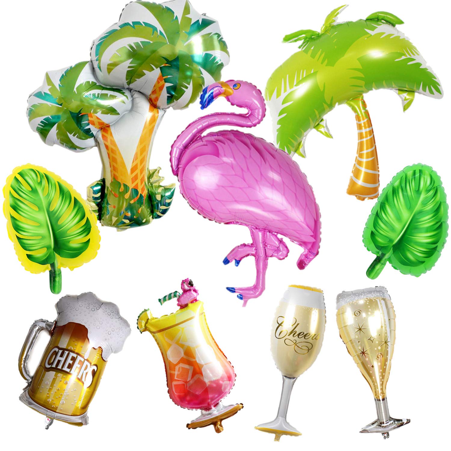 9pcs Hawaii Balloons for Party Decoration,Large Flamingo Palm Tree Coconut Tree Beer Bottle Champagne Cup Foil Balloons for Birthday Valentines Wedding Summer Luau Hen Party Accessories