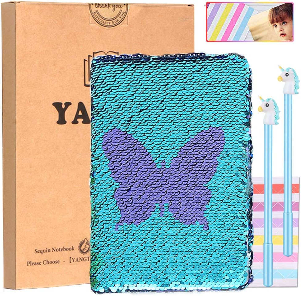 Sequin Journal,Magic Reversible Notebook and Unicorn Pens,A5 Flip Travel Diary with Butterfly Pattern- DIY Notepad for Kids Girls Birthday Gift