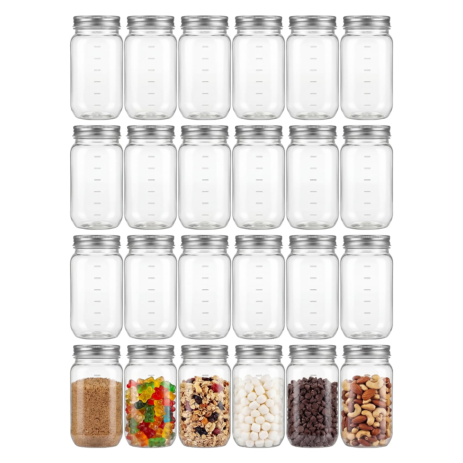 Photo 1 of novelinks 16 oz Plastic Mason Jars with Lids, Refillable Clear Plastic Jars with Lids 16oz & Reusable Empty Storage Containers with Lids (Sliver,24 Pack)