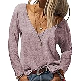 Danedvi Womens Tops Deep V Neck Long Sleeve Shirts Oversized Solid Color Casual Loose Top