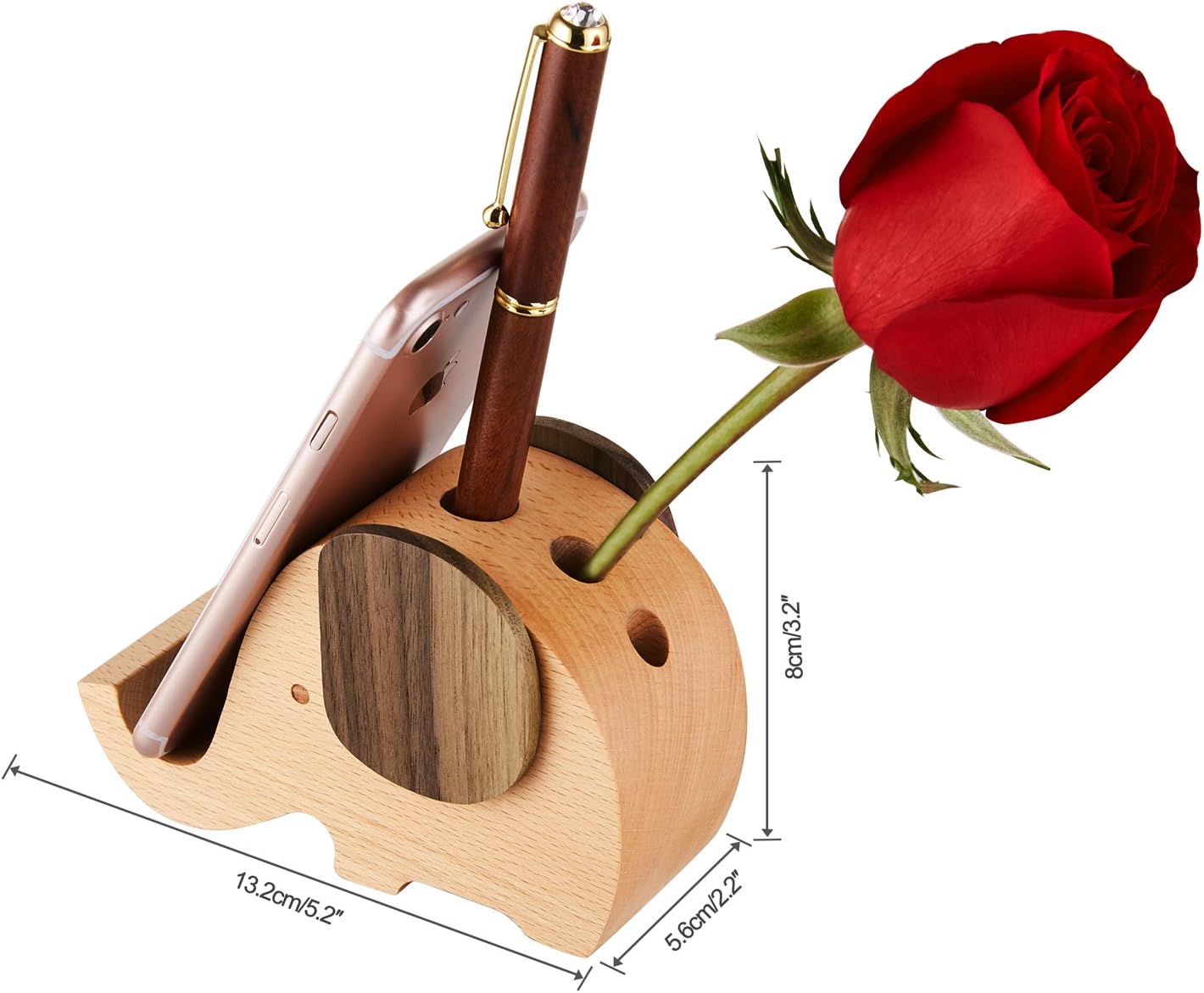 AhfuLife Elephant Pencil Phone Stand Christmas Gifts Ideas for Women Beech&Walnut Wooden Pen Pot Holder Desk Decoration Stationary Gifts for Women Xmas Birthday Mother's Day Valentine's Day - Image 5