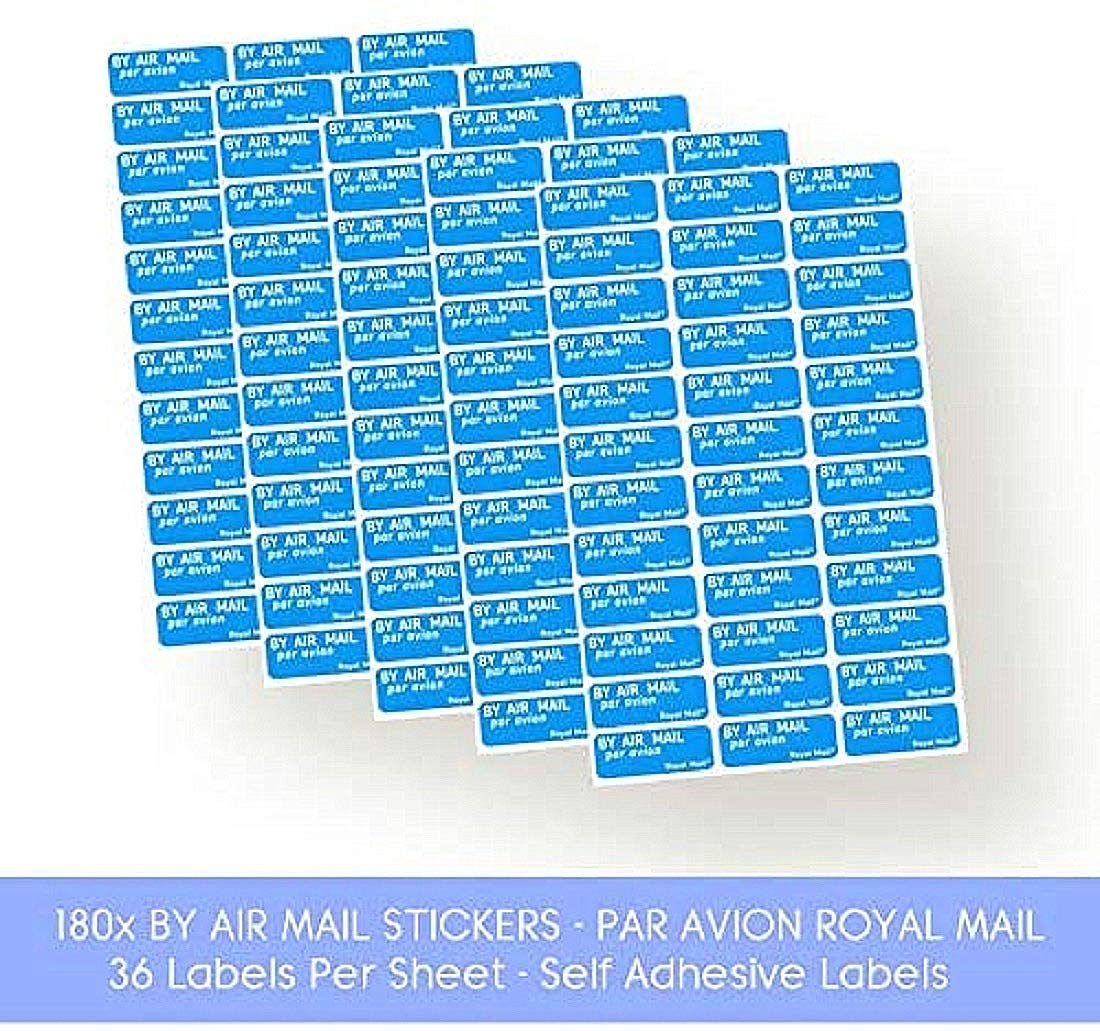 180x Self Adhesive Royal Mail Sticker Labels - Air Mail Blue, 36 Labels Per Sheet