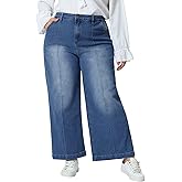 Agnes Orinda Plus Size Jeans for Women Wide Leg Baggy Washed Stretch with Pockets Denim Ankle Pants