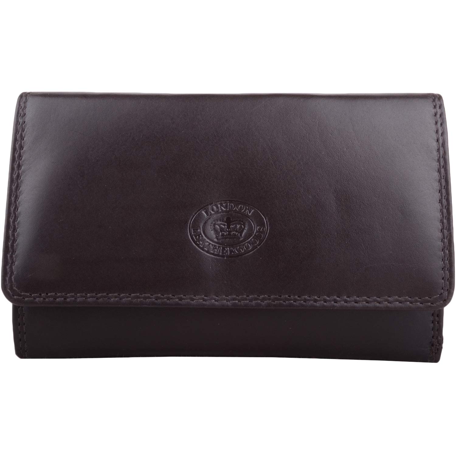 Womens Soft Leather Tri-Fold RFID Protected Purse with Clip Frame Pocket - Dark Brown