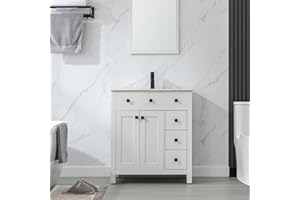 LUCKWIND 30 inch Bathroom Vanity Undermount Sink Combo, Modern Bathroom Vanity Cabinet with Ceramic Vessel Sink, Matte Black Faucet Drain, 2 Doors & 3 Drawers Without Mirror, White