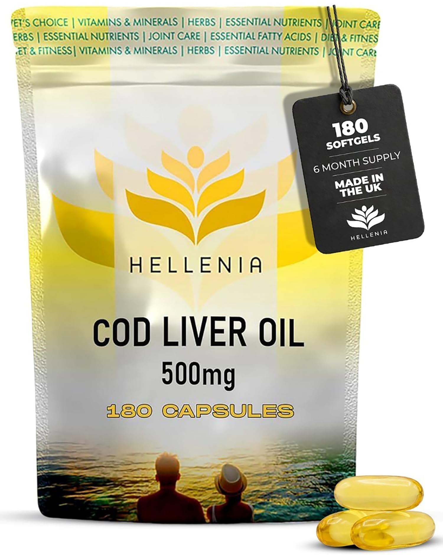 Cod Liver Oil Capsules 500mg - 180 Capsules | UK Made Fish Oil - 6 Month Supply | Providing Omega 3 with Vitamins A and D, for The Normal Function of The Immune System - Made in The UK for Hellenia