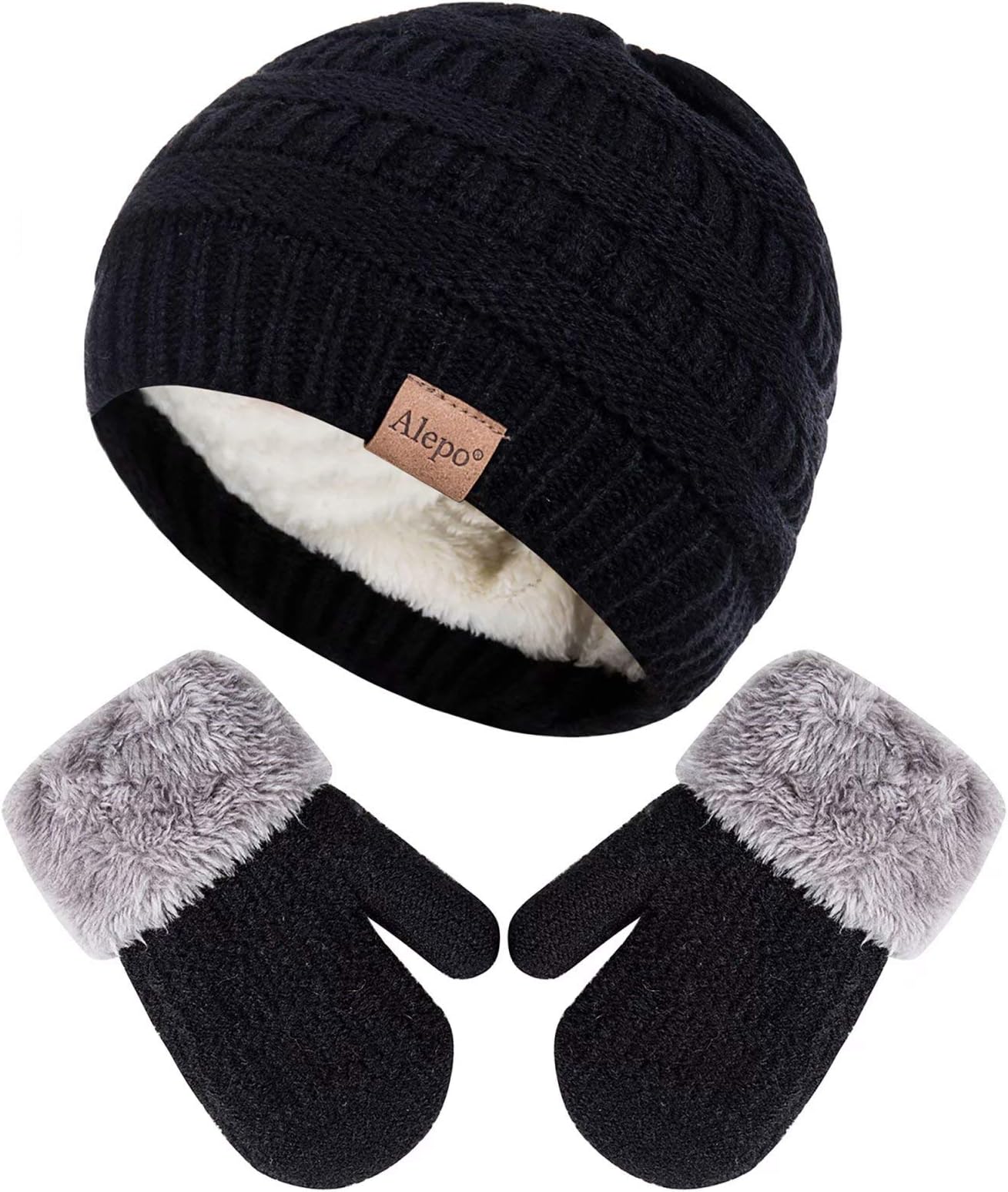 Winter Mittens Gloves Beanie Hat Set for Kids Baby Toddler Children, Knit Thick Warm Fleece Lined Thermal Set for Boy Girl