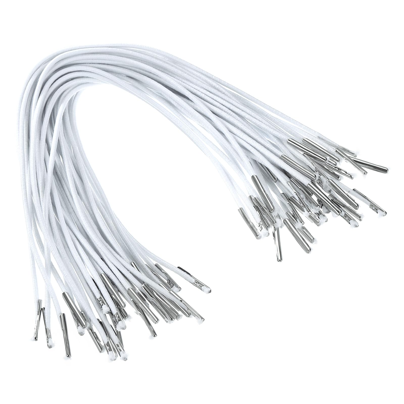 PATIKIL 10 Inch Elastic Barbed Cord, 100 Pcs 1.6mm Loop Stretch Round String with Metal Barb Fasteners for Hats Masks Menus Crafting Book, White (25cm)