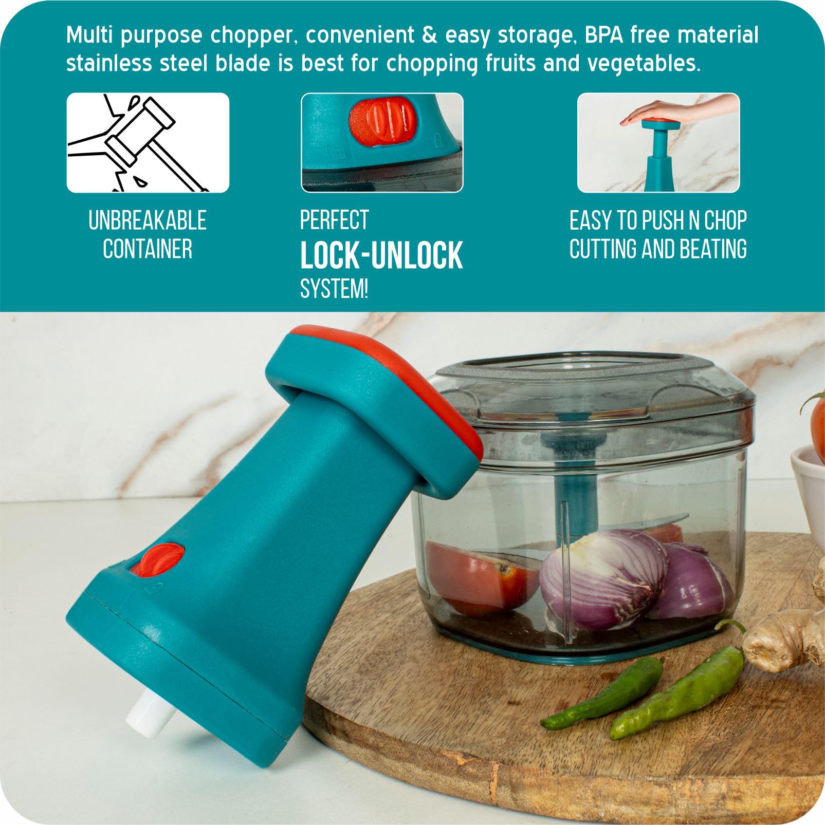 Chopper for Kitchen Use TEKCOOL Manual Hand Press Push Chopper with 6 Blades for Effortless Chopping Vegetables & Fruits (Assorted, 650ml, Plastic); 4