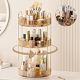 360° Rotating Makeup Organizer, Upgraded 3 Tier Skincare Perfume Organizers for Women, Bathroom Organizer Countertop, Clear Cosmetic Dresser Organizer with Makeup Brush Holder, Sink&Counter(Amber)