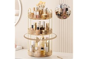 BEFSOP 360° Rotating Makeup Organizer, Upgraded 3 Tier Skincare Perfume Organizers for Women, Bathroom Organizer Countertop, Clear Cosmetic Dresser Organizer with Makeup Brush Holder, Sink&Counter(Amber)