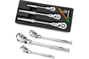 DURATECH 3-Piece Flex-Head Ratchet Set, 1/4", 3/8", 1/2" Drive Ratchet, 72-Tooth with Quick-Release Reversible Design, Chrome Alloy Made, Fully Polished, Organized in Storage Case