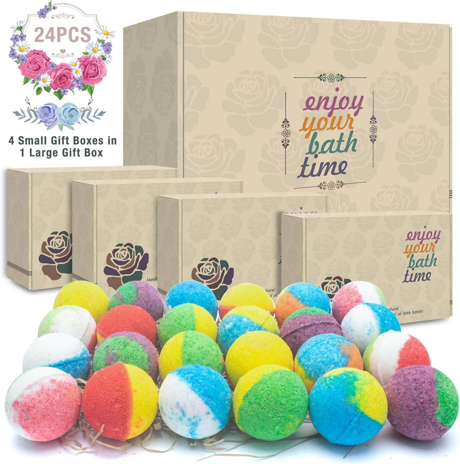 24 Organic & Natural Bath Bombs, Handmade Bubble Bath Bomb Gift Set, Rich in Essential Oil, Shea Butter, Coconut Oil, Grape Seed Oil, Fizzy Spa to Moisturize Dry Skin, Perfect Gift idea for Women: Health & Personal Care