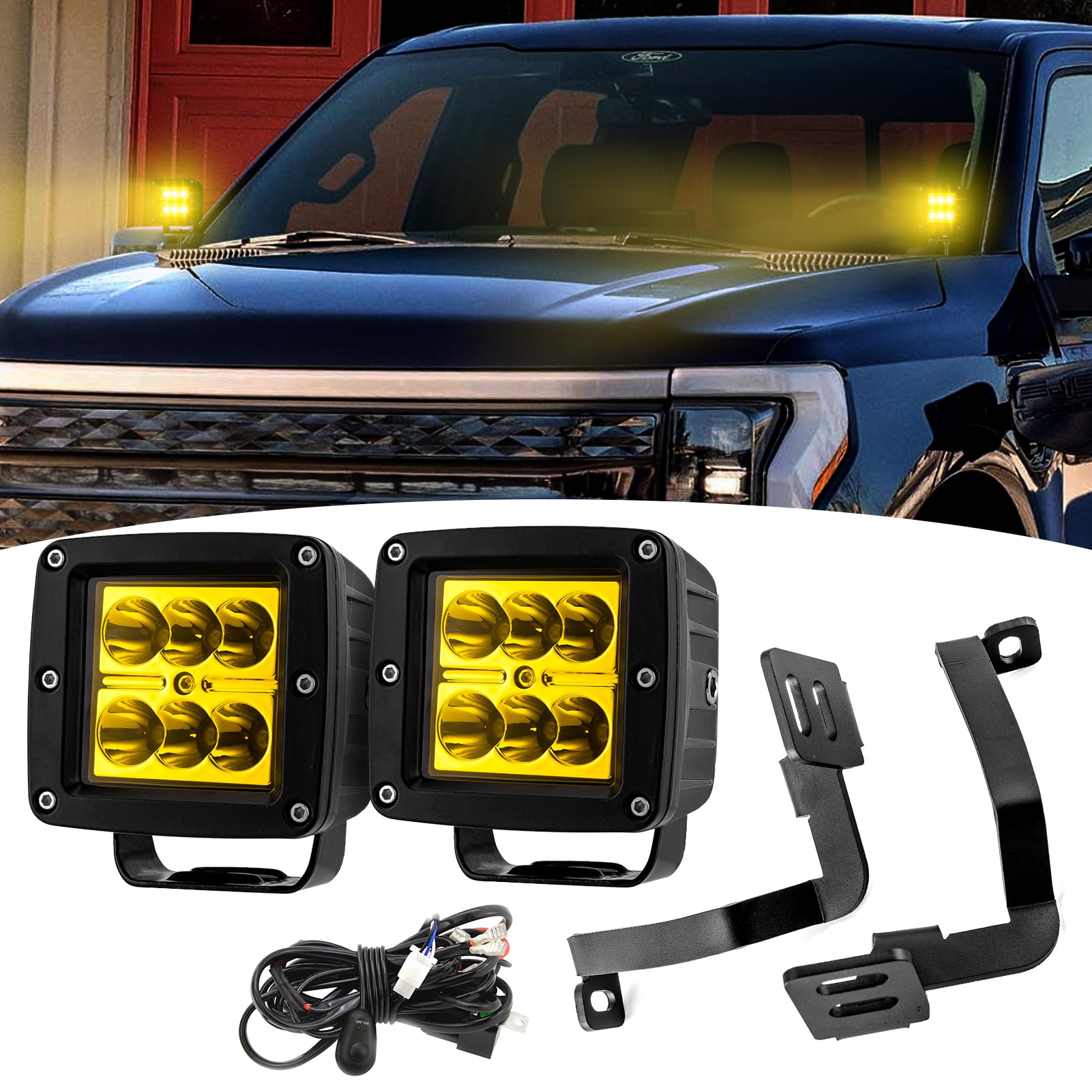 Photo 1 of Wsays 2PCS LED Amber Light Pods & Ditch Hood Hinge LED Pod Mount Bracket w/Wiring Kit Compatible with Ford F150 3rd Raptor 2021-2024 Fit F-150