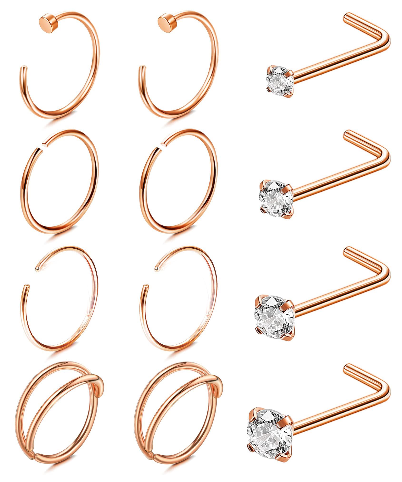 Kakonia Nose Rings for Women Men 20G 316L Stainless Steel Nose Hoop L Shaped Nose Studs Silver Gold Rose Gold Black Rainbow Nose Piercing Jewelry