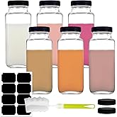 NAWORLI 6 Pack 8 oz Glass Juice Bottles, 250 ml Glass Square Water Bottles with Lids, Reusable Empty Drinking Jars with Labels and Brush for Juice, Smoothies, Kombucha