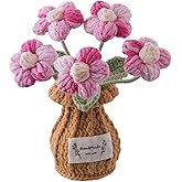 Handmade Crochet Flowers, 6 Inches Small Potted Plants, Knitted Desk Decorations for Home Office Decor (Puff Flower)
