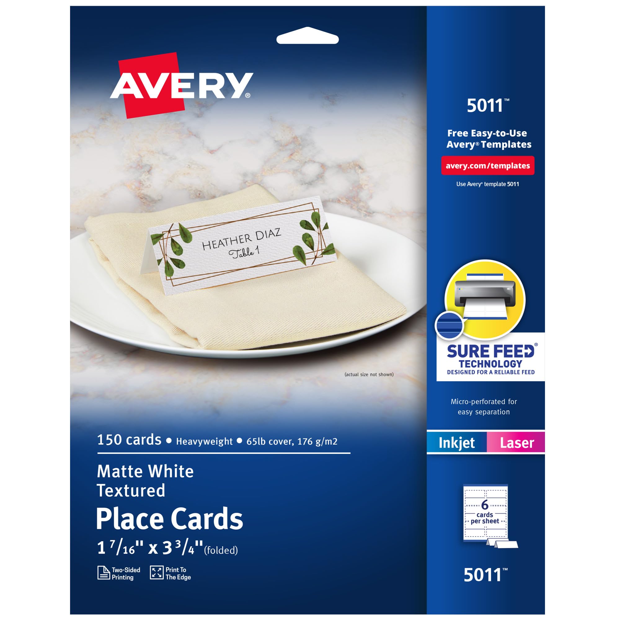 Avery Small Place Cards, Laser & Inkjet Printers, 150 Printable Cards, Textured (5011), White, 1 7/16" x 3 3/4"
