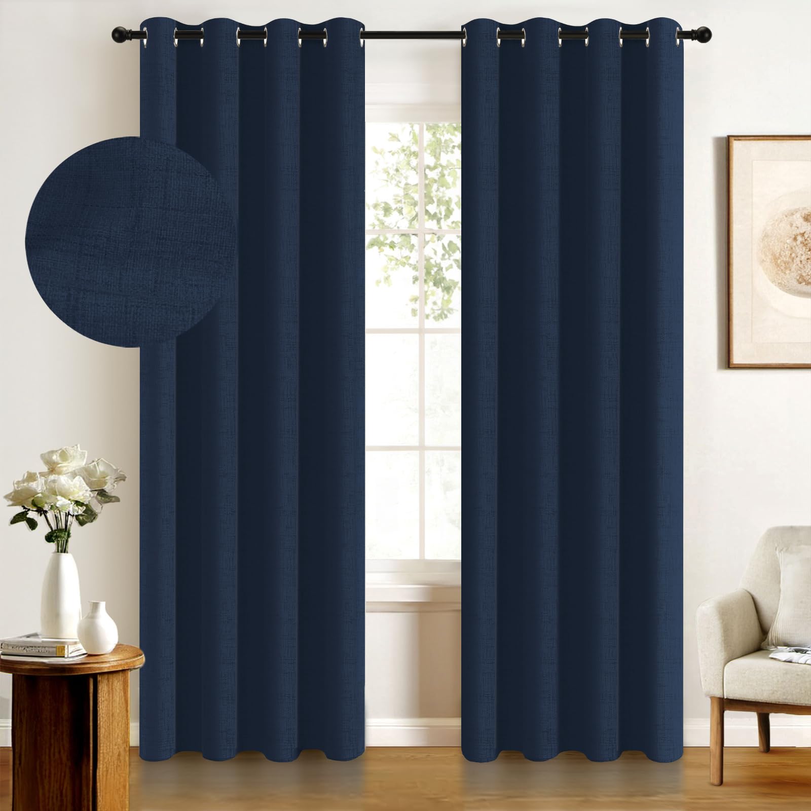 Photo 1 of 100% Blackout Shield Linen Blackout Curtains for Bedroom, Thermal Insulated Curtains 90 Inch Length 2 Panels Set, Grommet Drapes for Living Room, 50” W x 90” L, Midnight Blue
