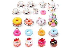 CHENGU 40 Pcs 1:12 Scale Dollhouse Miniature Kitchen Accessories Set Includes 15 Flower Pattern Porcelain Tea Cup 24 Mixed Pretend Cake Foods 1 Mini Three-Tier Cake Stand for Decor Supply (Vivid Style)