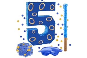 RUISUER 16 Inch Number 5 Double Sided Printing Blue Gold Ring Pinata with 16 Inch Piñata Stick Blindfold Confetti for Boy Girl Kids 5th Birthday Party Decorations (5th)