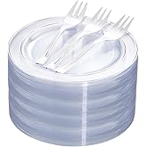 DaYammi 240Pcs Silver Dessert Plates Set Includes 120 Disposable Cake Plates 6.5" 120 Plastic Forks 5.7", Clear Silver Plastic plates, Fancy Appetizer plates for Party and Wedding Birthday