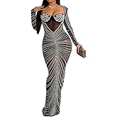 WOKANSE Women's Sexy Club Long Sleeve Rhinestone Zip Mesh Bodycon See Through Maxi Dress