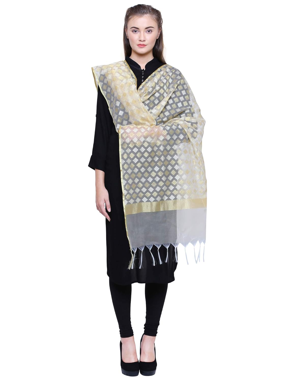 loom legacy women dupatta organza net dupatta (as-206_golden_90x250 cms)