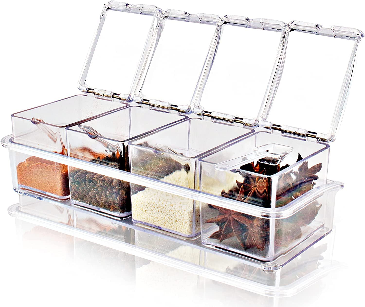 Photo 1 of **see notes** Bepod 4 Pieces Clear Seasoning Box - Cruet with Cover and Spoon,Seasoning Rack Spice Pots for Sugar, Salt, Pepper and Other Spices