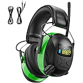 2025 AM/FM Radio Ear Protection Headphones with Backlit Digital Display, 120H Working Time, Rechargeable Hearing Protector, 30dB Noise Reduction Safety Earmuffs for Mowing, Construction, Work, Green