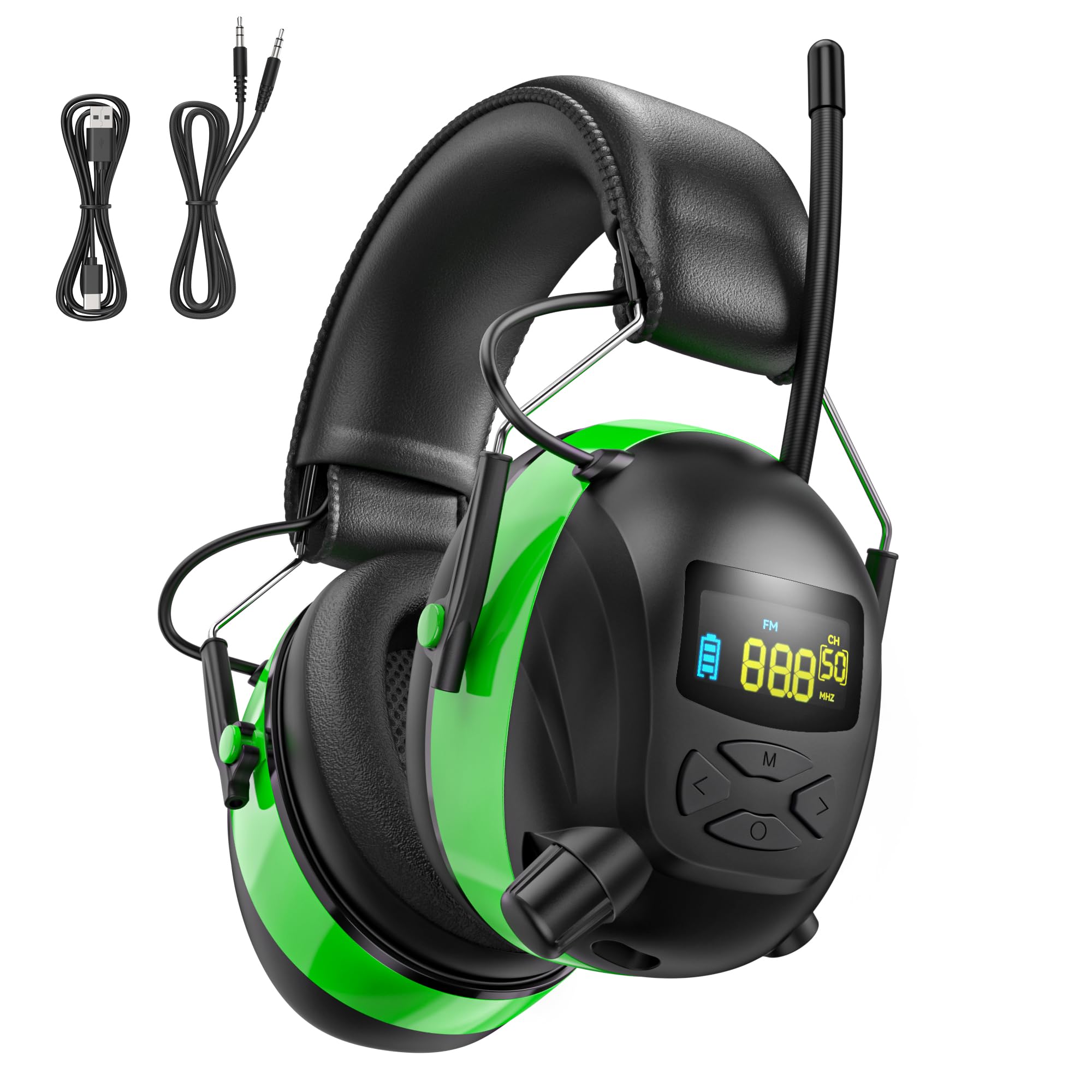 Photo 1 of 2025 AM/FM Radio Ear Protection Headphones with Backlit Digital Display, 120H Working Time, Rechargeable Hearing Protector, 30dB Noise Reduction Safety Earmuffs for Mowing, Construction, Work, Green