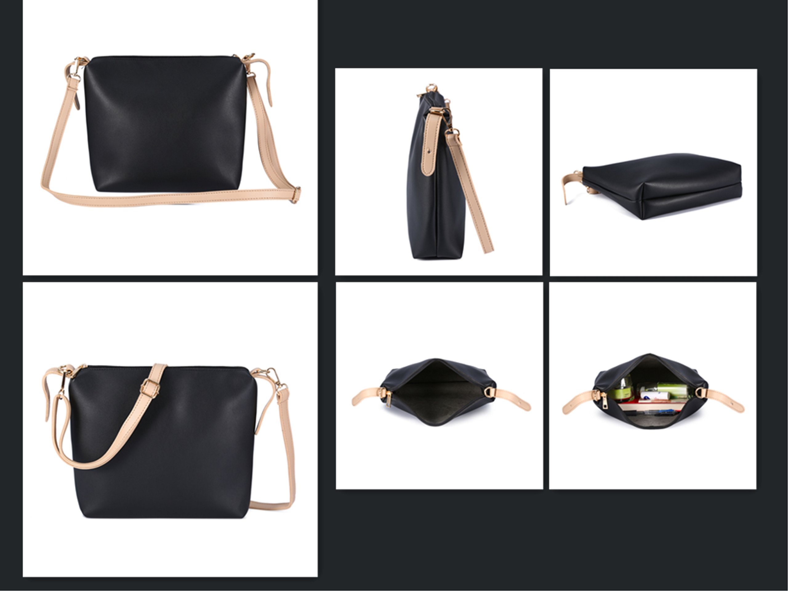 Bolso de Mano cuero PU mujeres,Bolso Señoras Totes 2 pedazos en 1,Bolso de bandolera y Mano-Negro