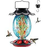 HouseSapp Solar Hummingbird Feeder - 49 fl.oz Hand Blown Glass Color Changing - 7 Feeding Ports with Perch - Never Leak - Perfect Hummingbird Feeder for Outdoors Hanging (Blue)