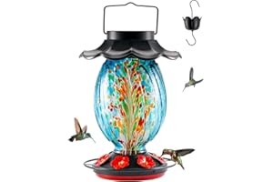 HouseSapp Solar Hummingbird Feeder - 49 fl.oz Hand Blown Glass Color Changing - 7 Feeding Ports with Perch - Never Leak - Perfect Hummingbird Feeder for Outdoors Hanging (Blue)