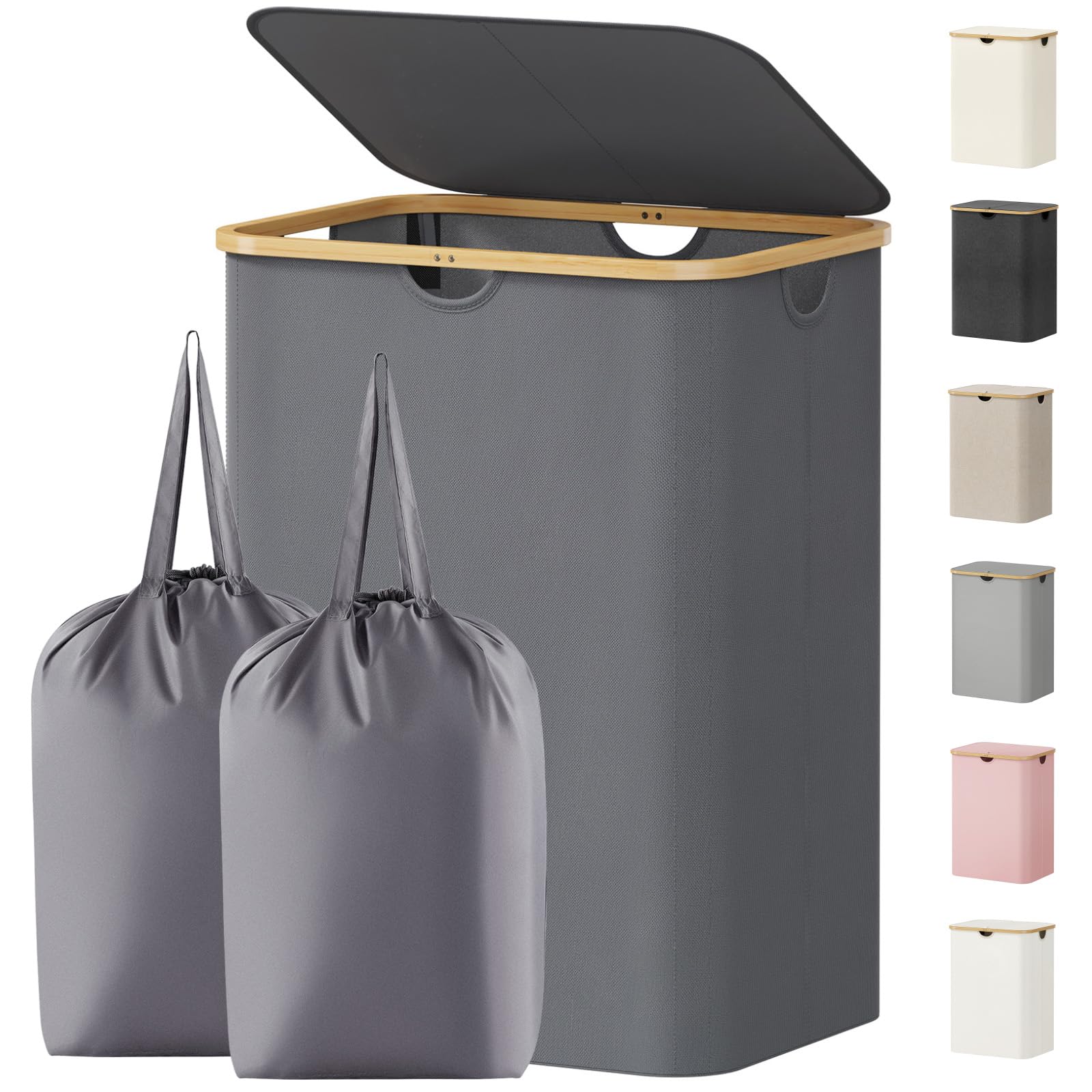 Lifewit 150L Laundry Basket with Lid, Double Dirty Clothes Bin with Bamboo Handles and 2 Removable Bags, Large Foldable Washing Basket for Bedroom, Bathroom, Dorm, Laundry Room, Grey