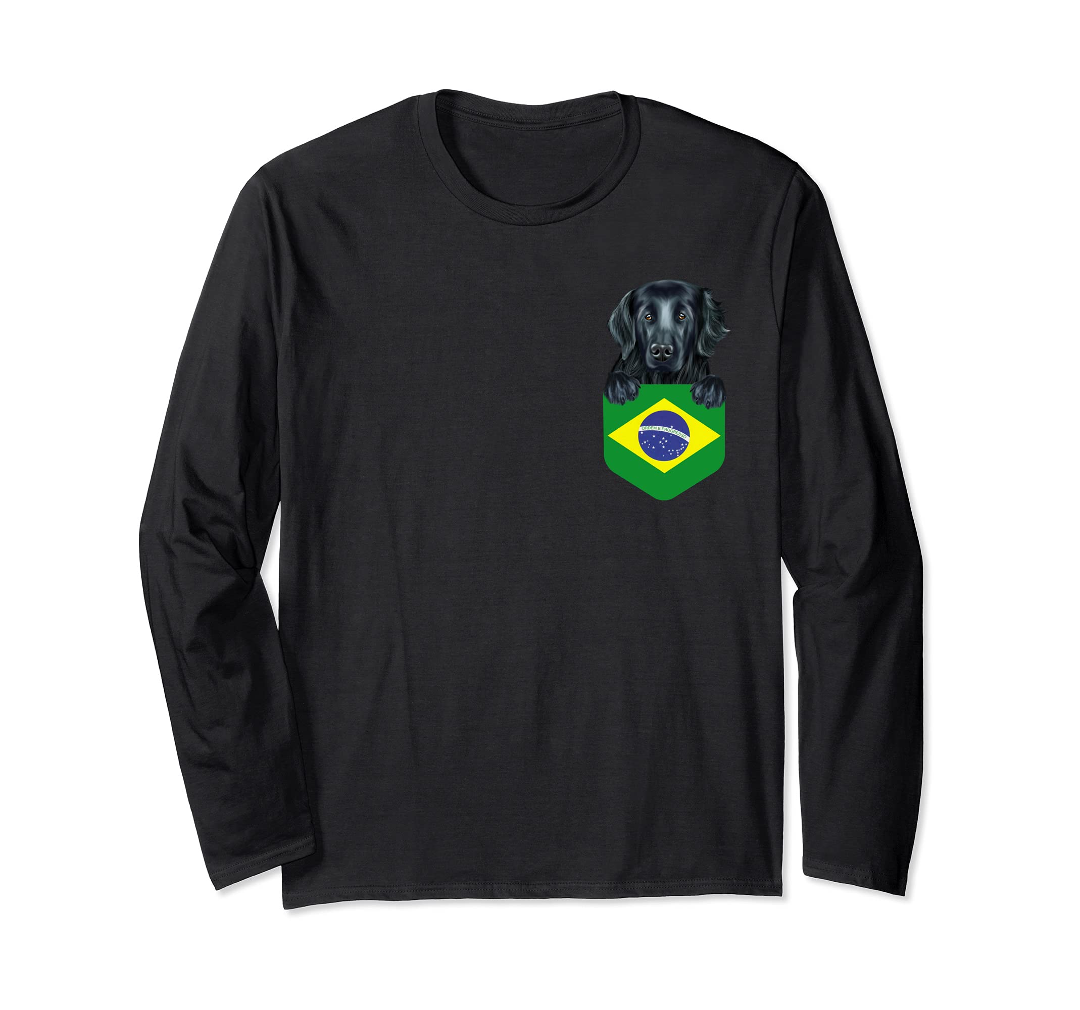 Brazil Flag Flat-Coated Retriever Dog In Pocket Long Sleeve T-Shirt