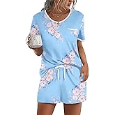 Ekouaer Pajama Set for Women 2 Piece Lounge Set Short Sleeve Tops and Shorts Soft Sleepwear, Chest Pocket