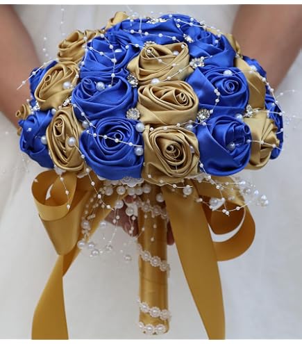 8.3 Inch Handmade Satin Rose Bridal Bouquet Toss Round Wedding Bouquet Throw Toss Artificial Flower Bunch Royal Blue + White