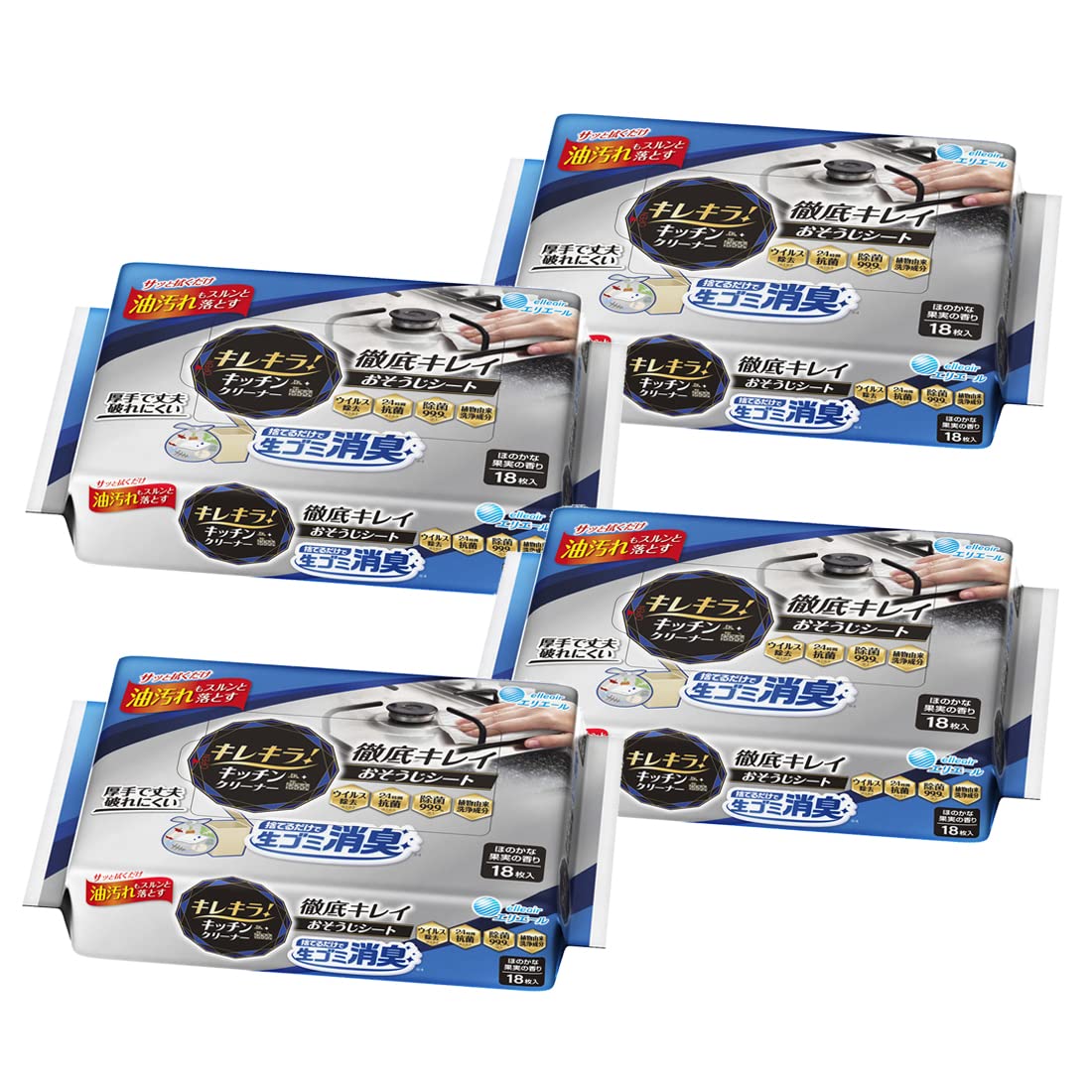 【Amazon.co.jp 限定】エリエール キレキラ ! キッチンクリーナー 捨てるだけで生ゴミ消臭 72枚（18枚×4個） 徹底キレイ おそうじシート 【まとめ買い】商品画像