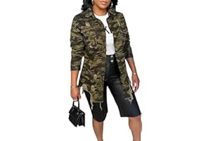 Seltaon Casual Ripped Camo Jacket for Women Fall Camouflage Army Fatigue Green Jackets Coat Plus Size