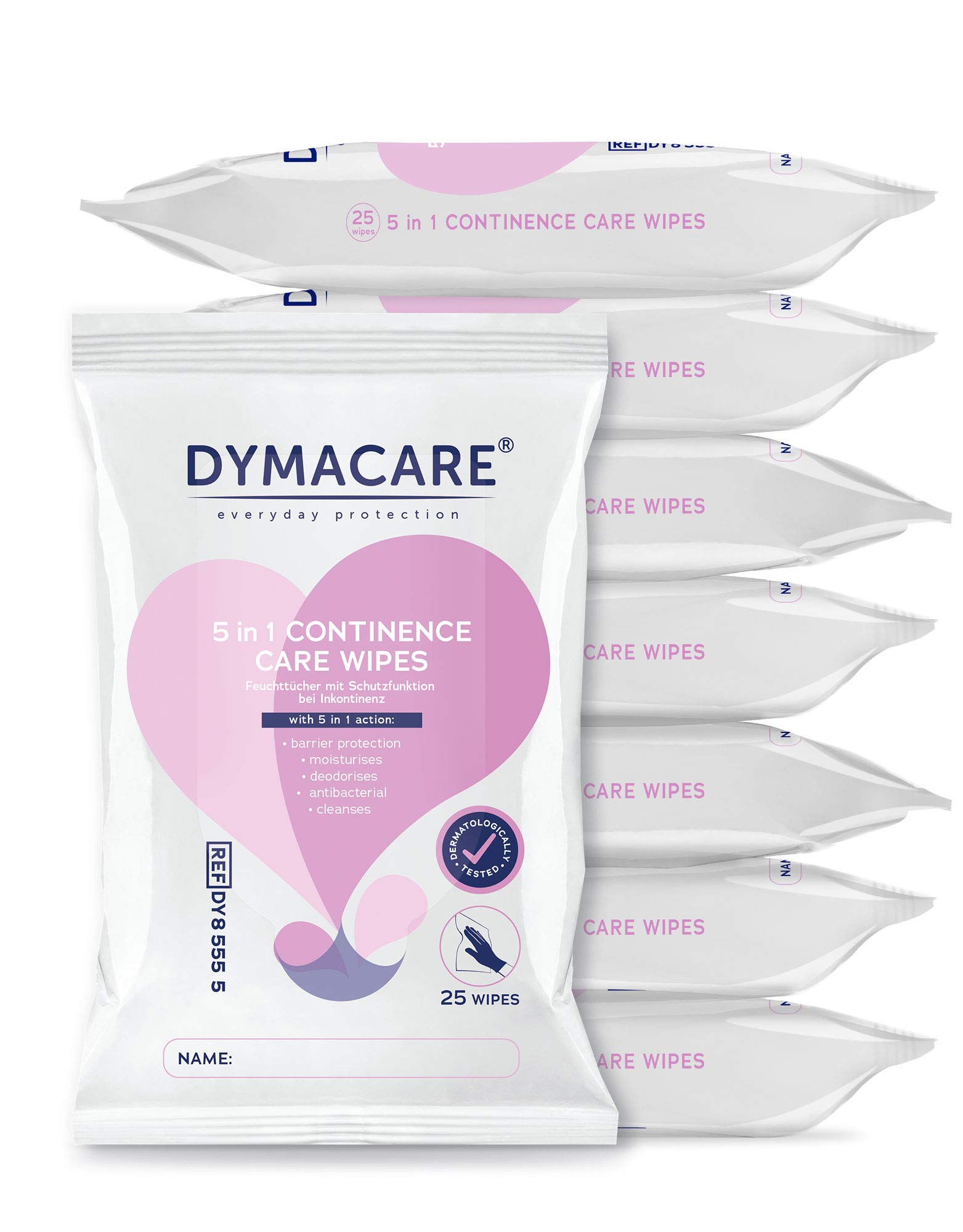 DYMACARE 5 in 1 Continence Care Wipes | Adult Scented Premium Disposable Incontinence Cloths | Skin Cleansing Wipes with Barrier Protection | 8 Packs (200 Wipes in Total)