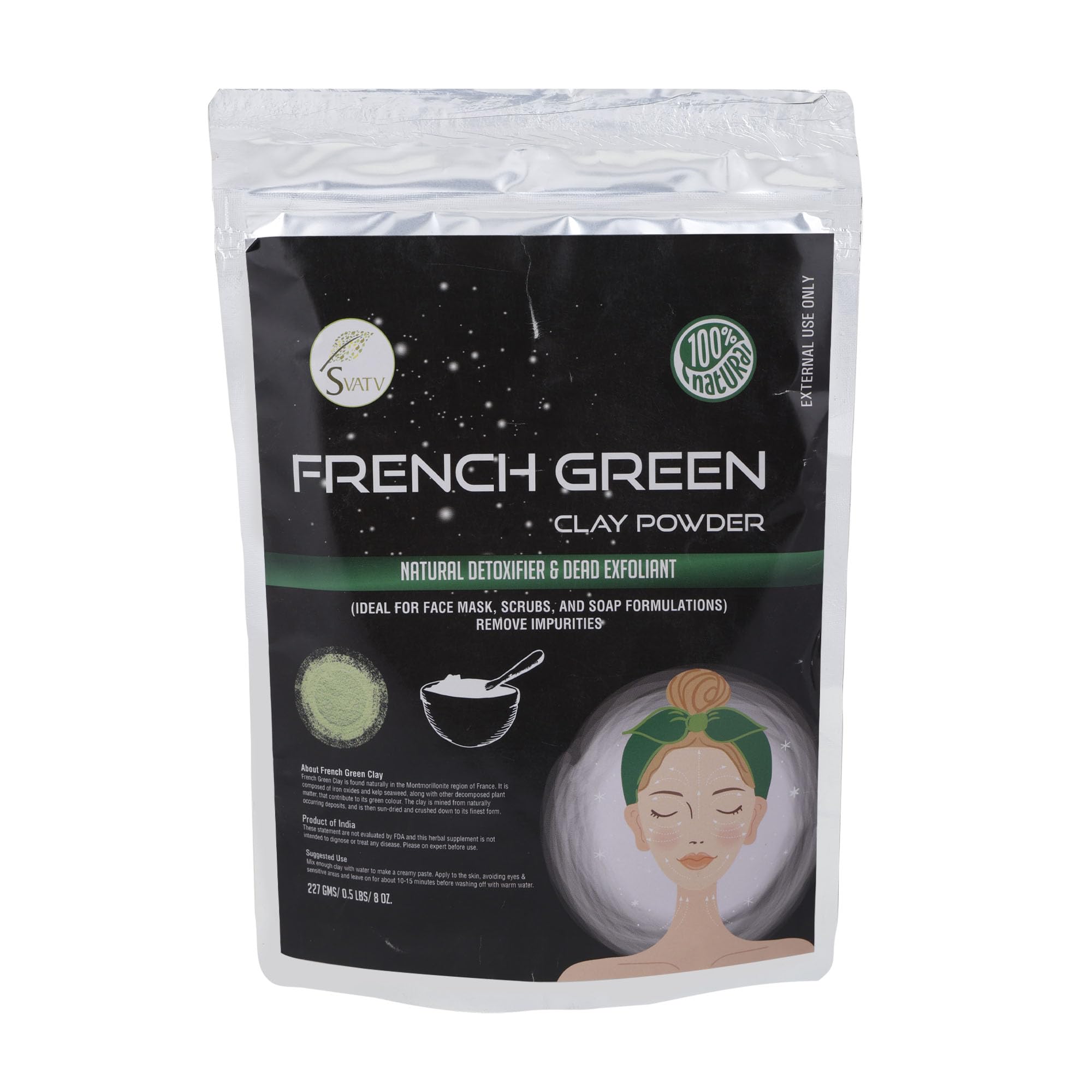 SVATV Herbal French Green Clay (Montmorillonite Powder | Rose Clay) | - 227g, 8oz, Half Pound