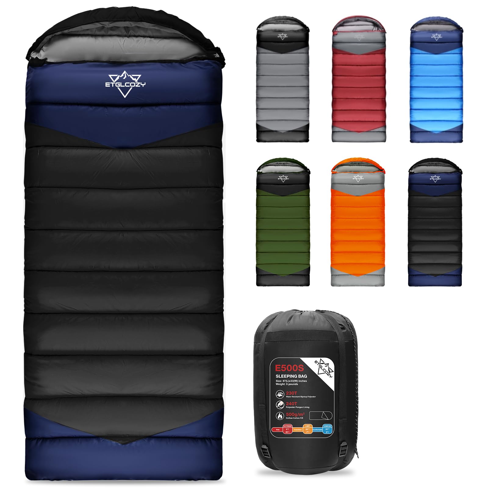 Photo 1 of ETGLCOZY Sleeping Bag for Adults Cold Weather & Warm, Lightweight Backpacking Camping Hiking Essentials Gear for Kids 10-12 Girls Boys Compact w/Compression Sack 30-50F Degree, Black/Navy