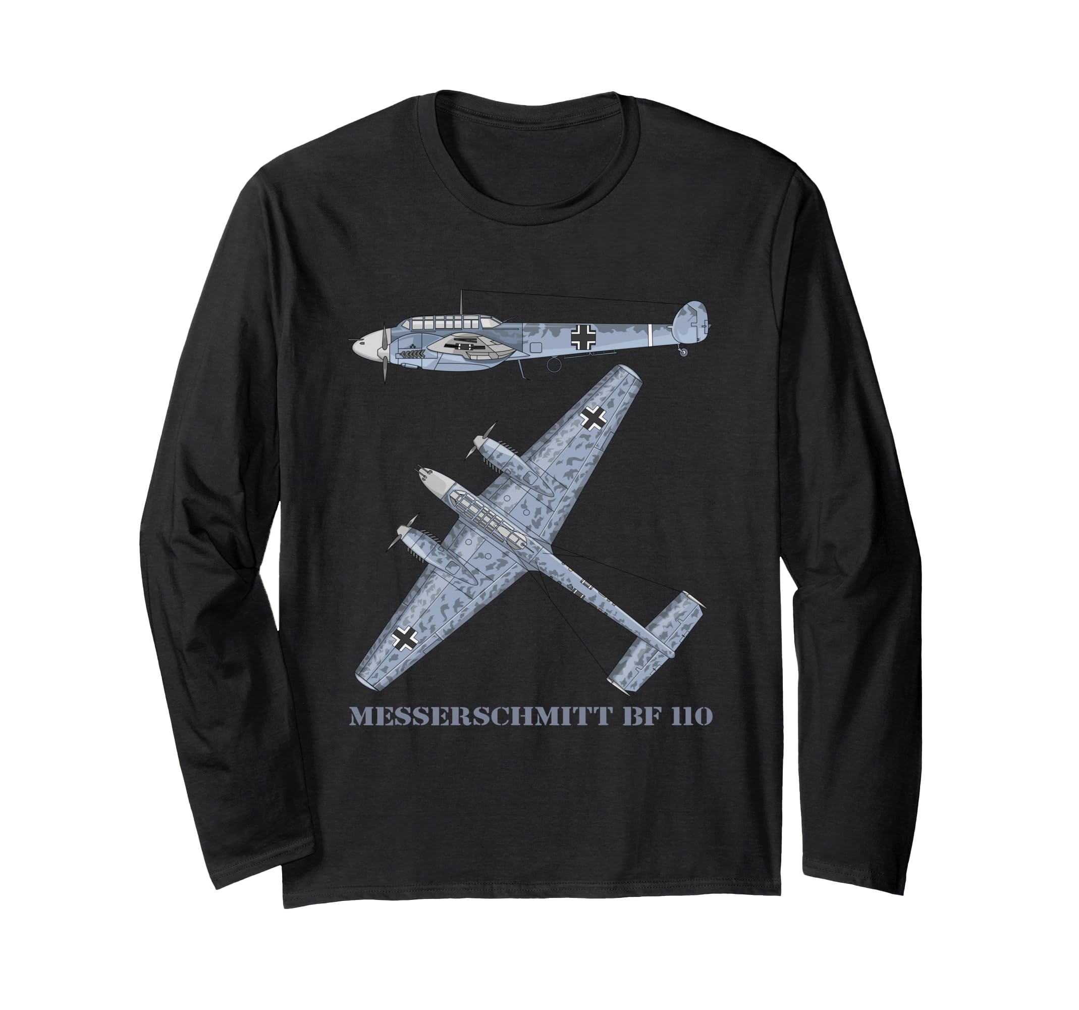 Messerschmitt Bf 110 German WW2 Fighter Bomber Plane Diagram Long Sleeve T-Shirt
